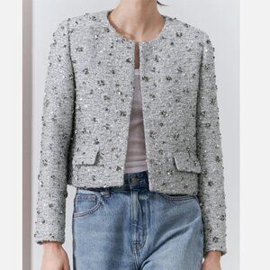 Zara ZW Collection Sequin Jacket Silver L NEW SS24 2885/152